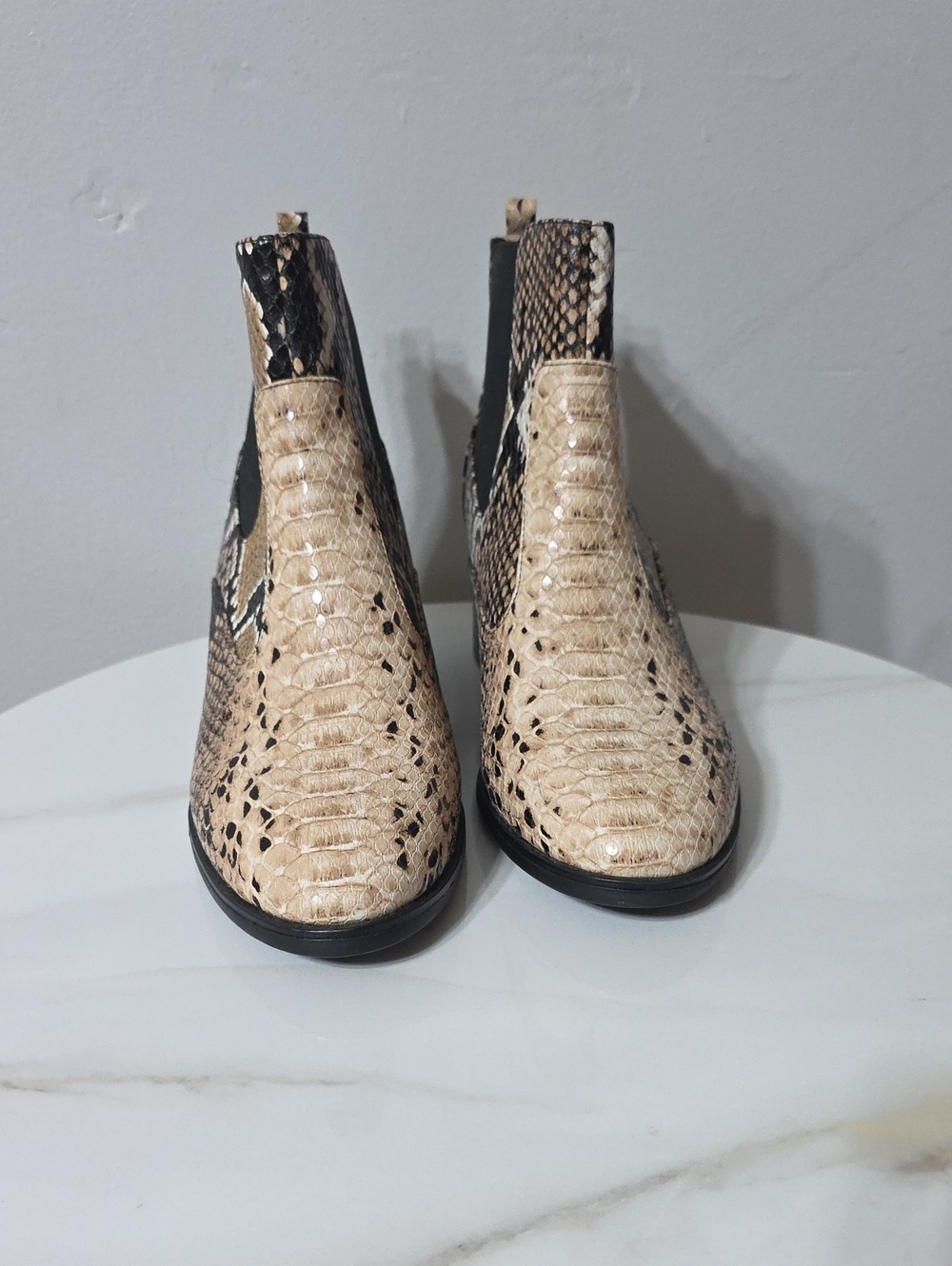 Women's Snake-Print Chelsea Ankle Boots in Beige and Black